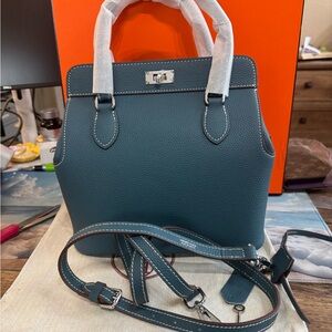 Elegant Navy Teal Toolbox style leather Handbag